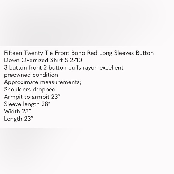 Fifteen Twenty Tie Front Boho Red Long Sleeves Button Down Oversized S 2… - Picture 6 of 6